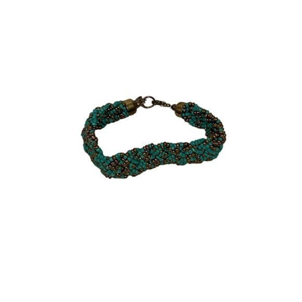 Turquoise Green and Gold Tone Multi-Strand Woven Seed Bead Bracelet‎